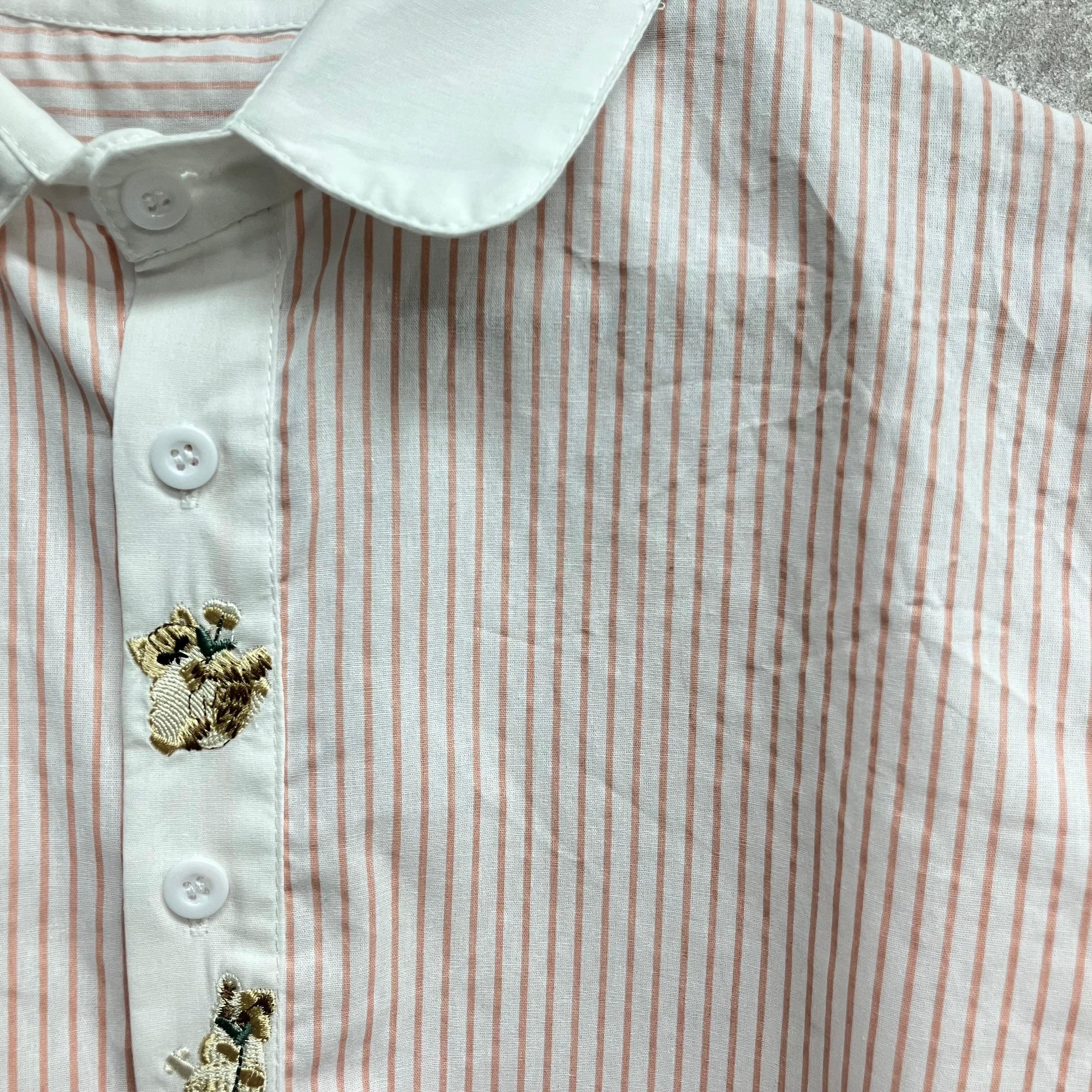猫刺繍ストライプ半袖ブラウス　ピンク※6/11～17迄に順次発送予定