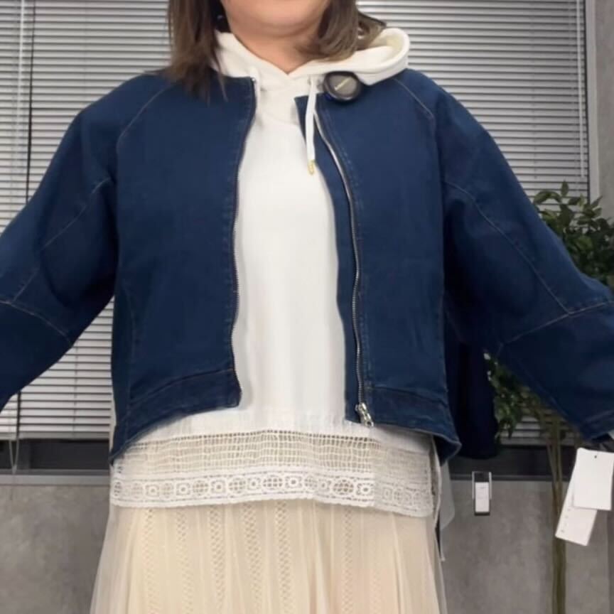 【薄】シャーリングジップデニムジャケット ブルー ※3/4迄に順次発送予定
