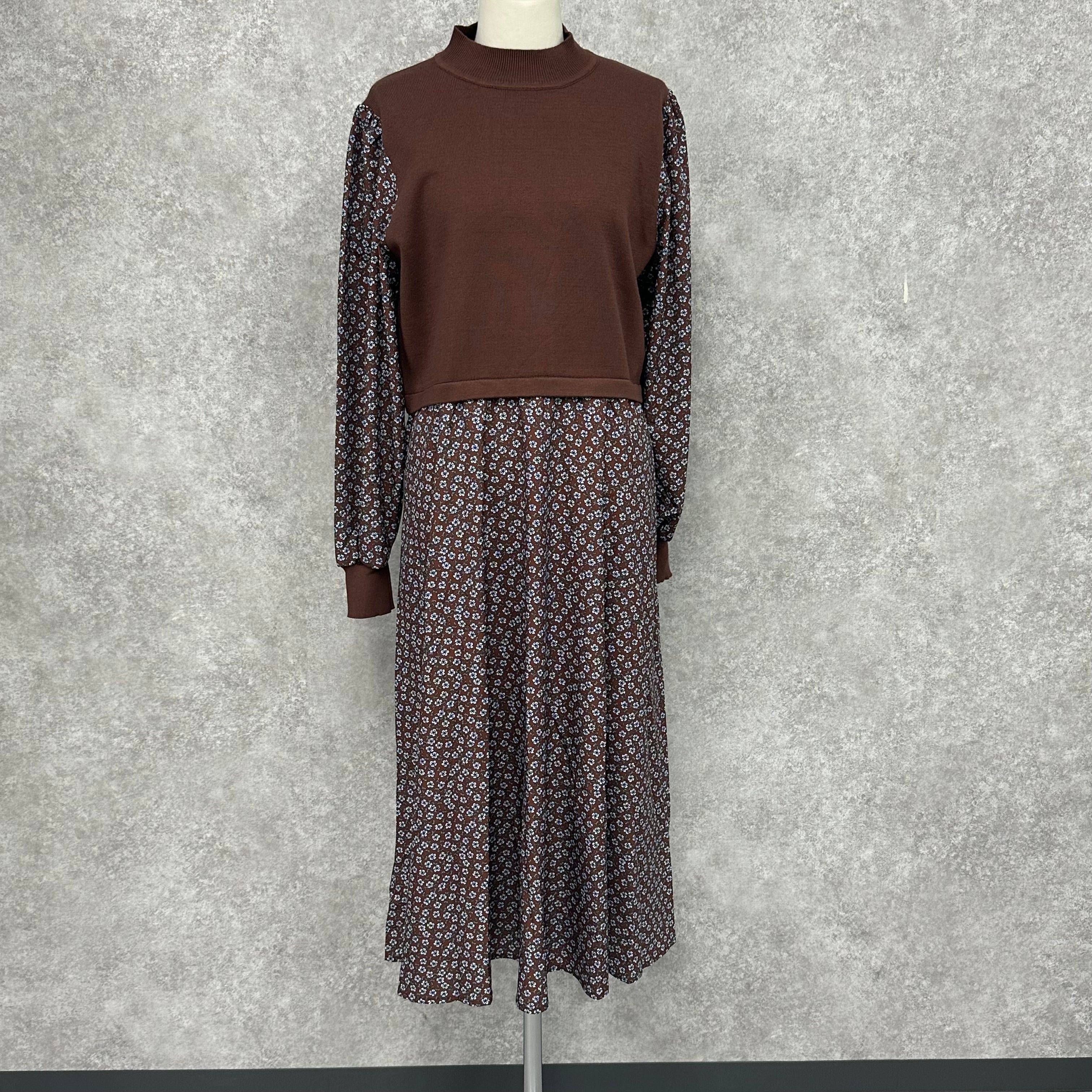 ドッキング花柄ワンピース　ブラウン　※10/7迄に順次発送予定