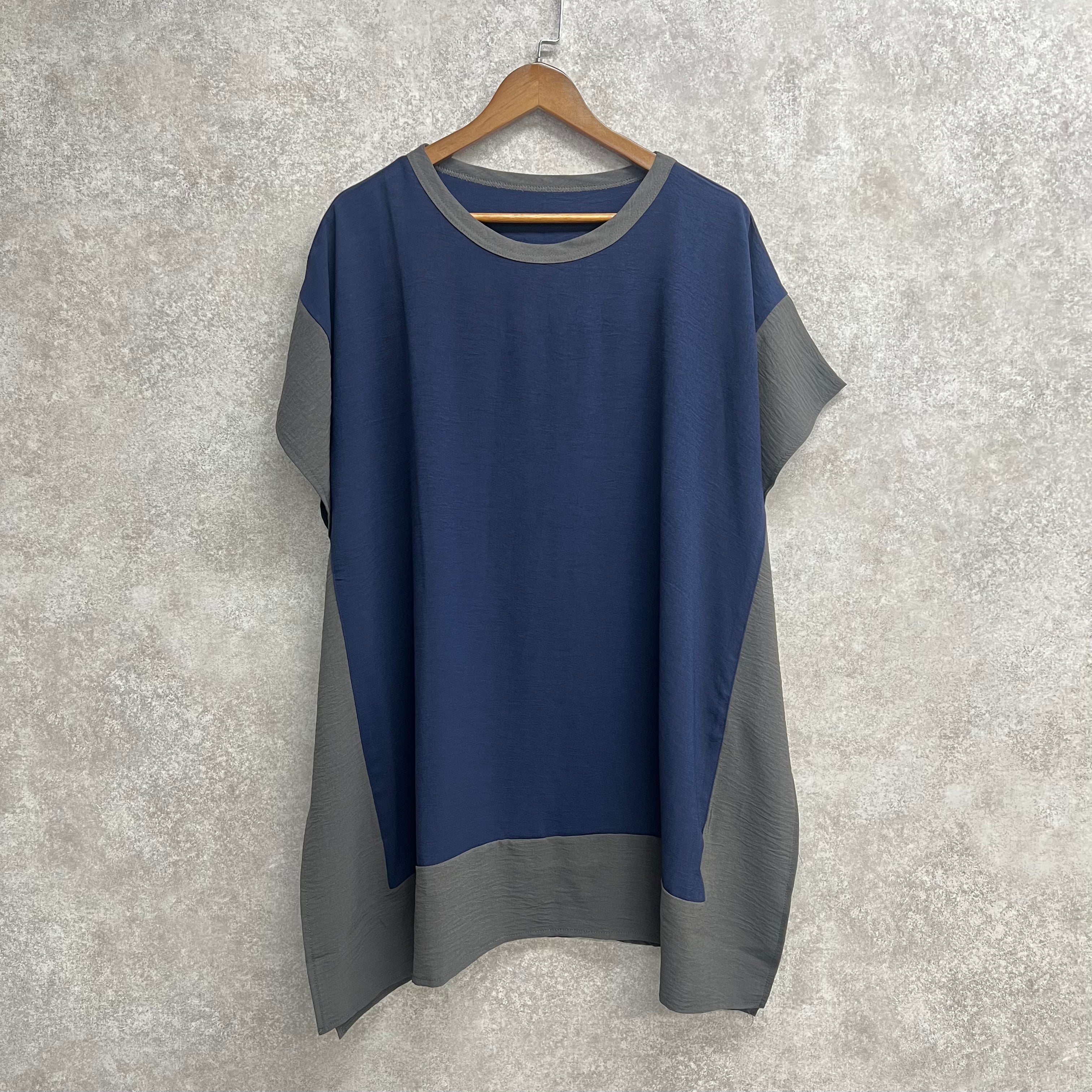 ロング丈配色ワッシャーポンチョ ネイビー※5/21～27迄に順次発送予定