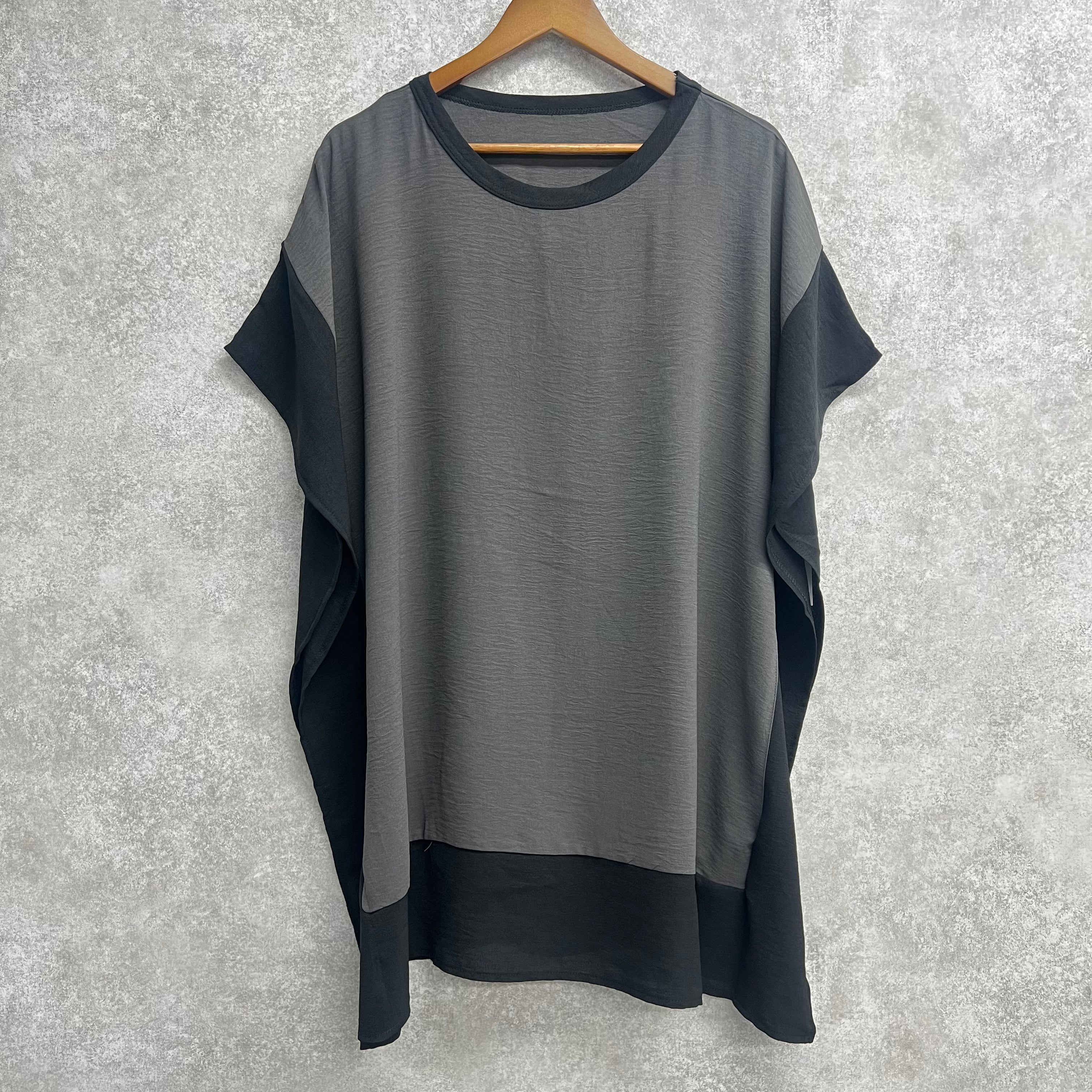 ロング丈配色ワッシャーポンチョ グレー ※4/30～5/6までに順次配送予定