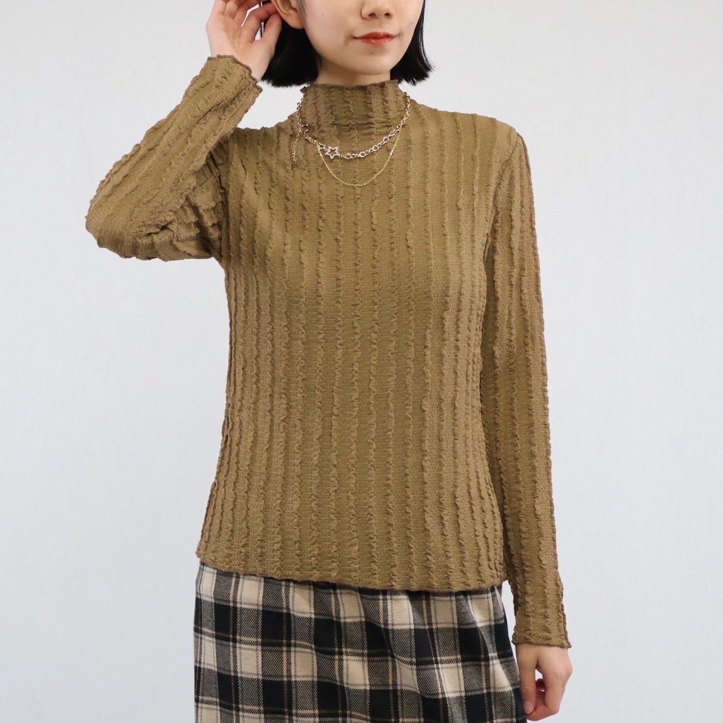 ふくれシャーリングハイネックトップス モカ※12/2迄に順次発送予定